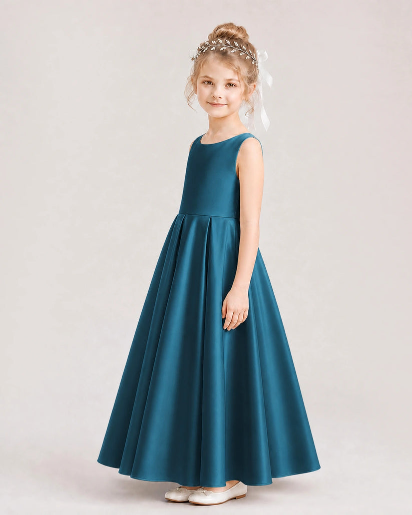 Teal Satin A-line Flower Girl Dress Side View