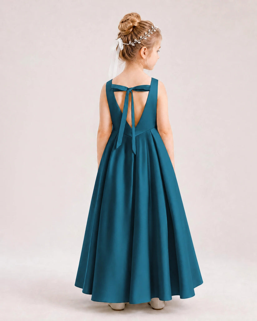 Teal Satin A-line Flower Girl Dress Back View