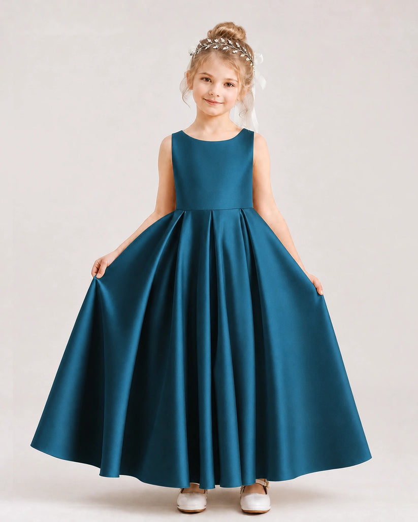 Teal Satin A-line Flower Girl Dress Front View