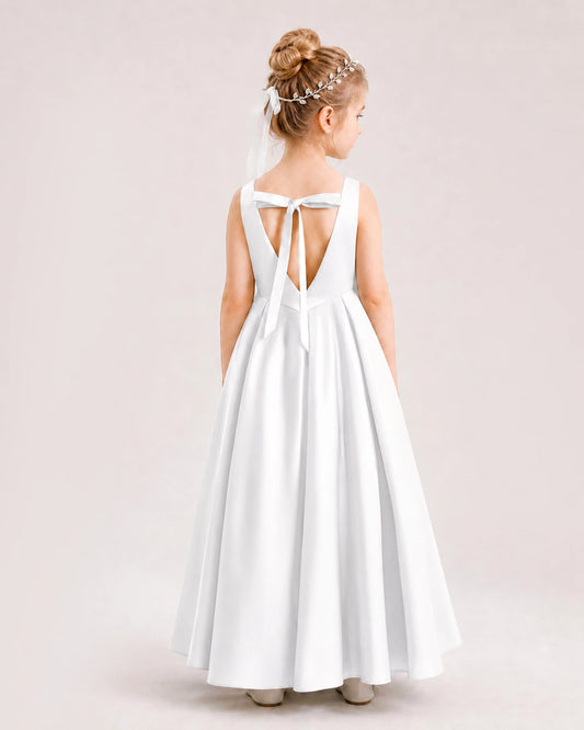 White Satin A-line Flower Girl Dress Back View