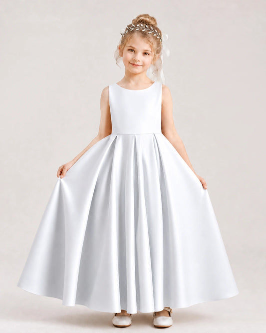 White Satin A-line Flower Girl Dress Front View