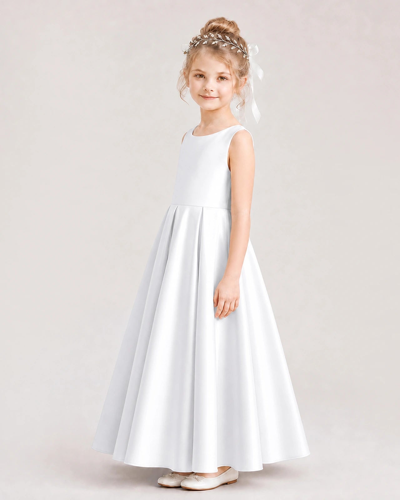 White Flower Girl Dress Deep V-Back Tie Detail Pleated Satin A-Line Floor-Length Gown Side Full View