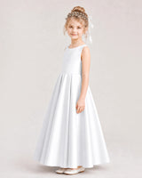 White Satin A-line Flower Girl Dress Side View