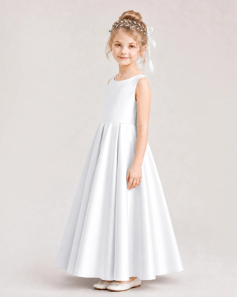 White Satin A-line Flower Girl Dress Side View