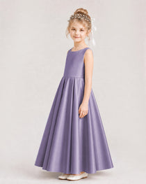 Wisteria Flower Girl Dress Deep V-Back Tie Detail Pleated Satin A-Line Floor-Length Gown Side Full View