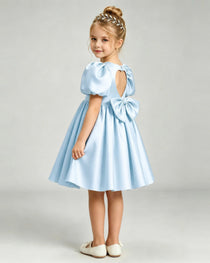 Baby Blue Flower Girl Dress Puff Sleeve Heart Cutout Satin A-Line Knee-Length Gown Side Full View