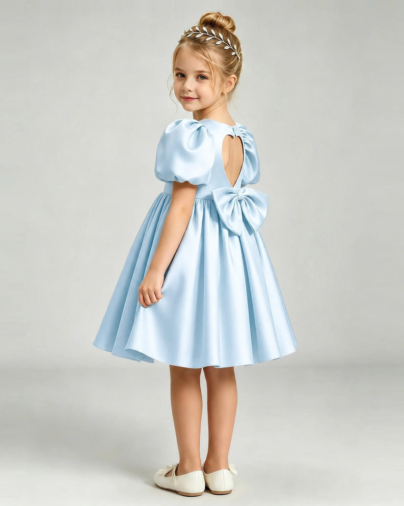 Baby Blue Satin A-line Flower Girl Dress Back View