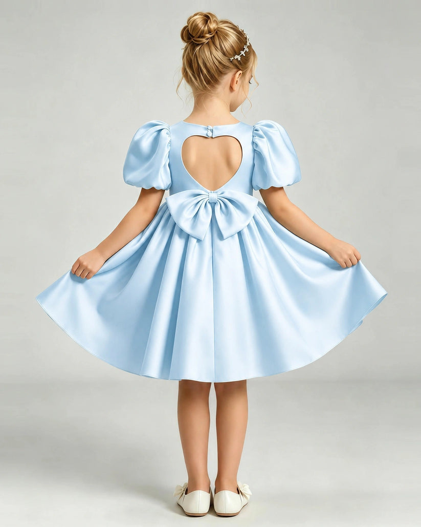 Baby Blue Satin A-line Flower Girl Dress Back View
