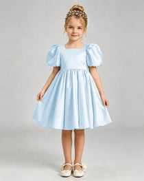 Baby Blue Flower Girl Dress Puff Sleeve Heart Cutout Satin A-Line Knee-Length Gown Front Full View