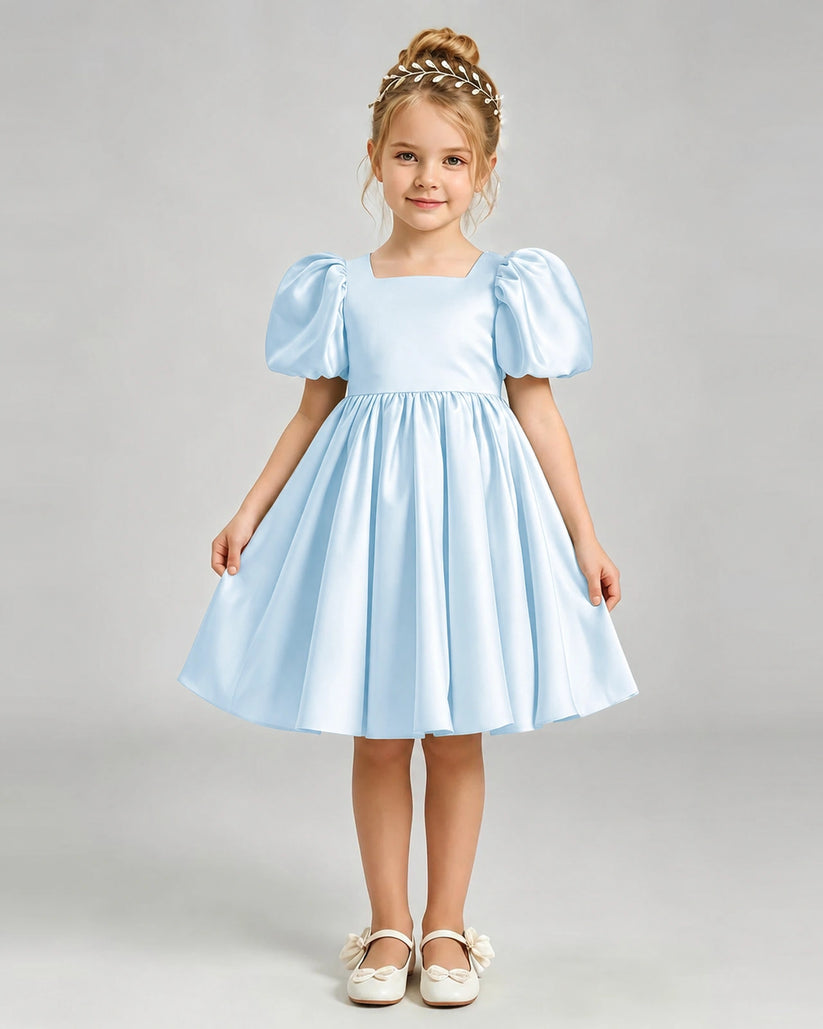 Baby Blue Satin A-line Flower Girl Dress Front View