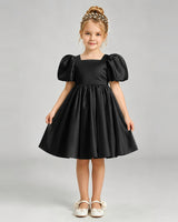 Black Satin A-line Flower Girl Dress Front View
