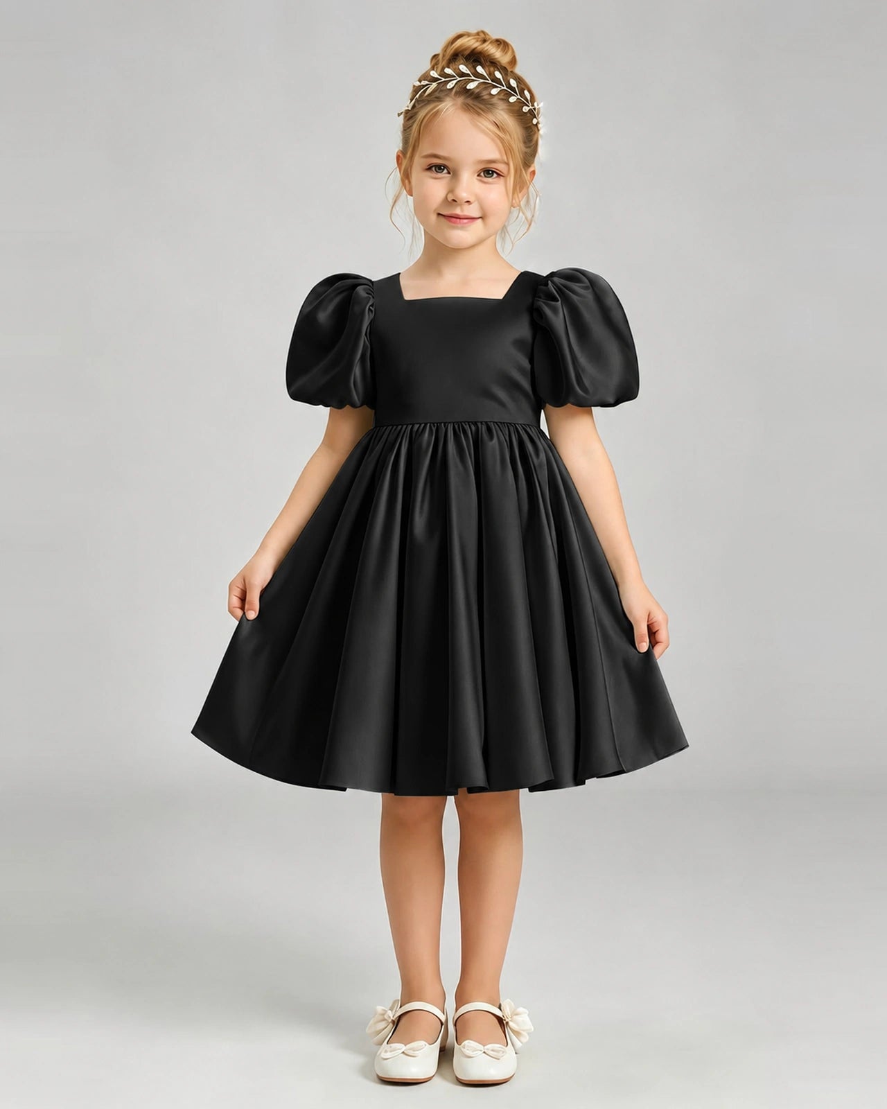 Black Flower Girl Dress Puff Sleeve Heart Cutout Satin A-Line Knee-Length Gown Front Full View