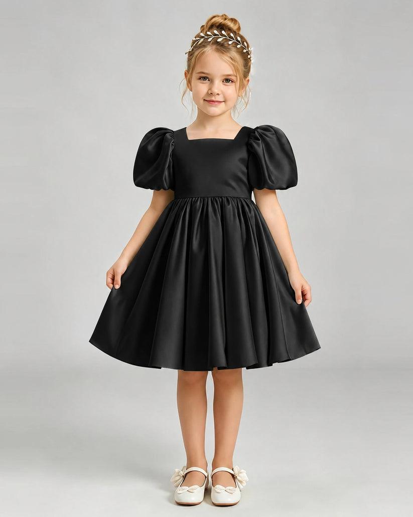 Black Satin A-line Flower Girl Dress Front View