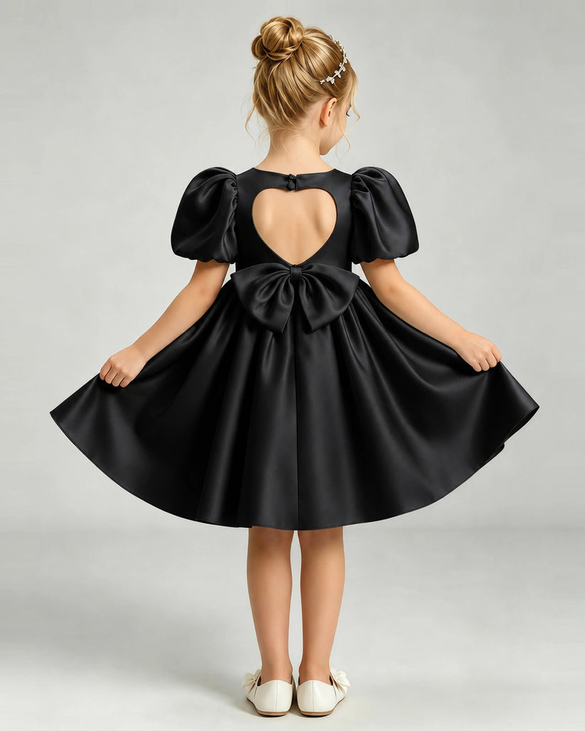 Black Satin A-line Flower Girl Dress Back View