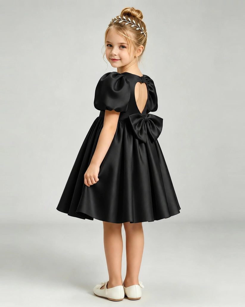 Black Satin A-line Flower Girl Dress Back View