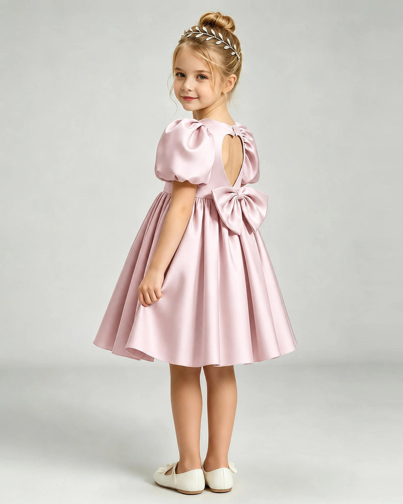 Blush Pink Satin A-line Flower Girl Dress Back View
