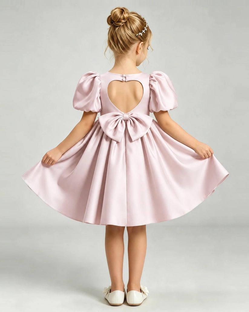 Blush Pink Satin A-line Flower Girl Dress Back View