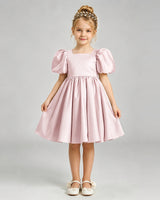 Blush Pink Satin A-line Flower Girl Dress Front View