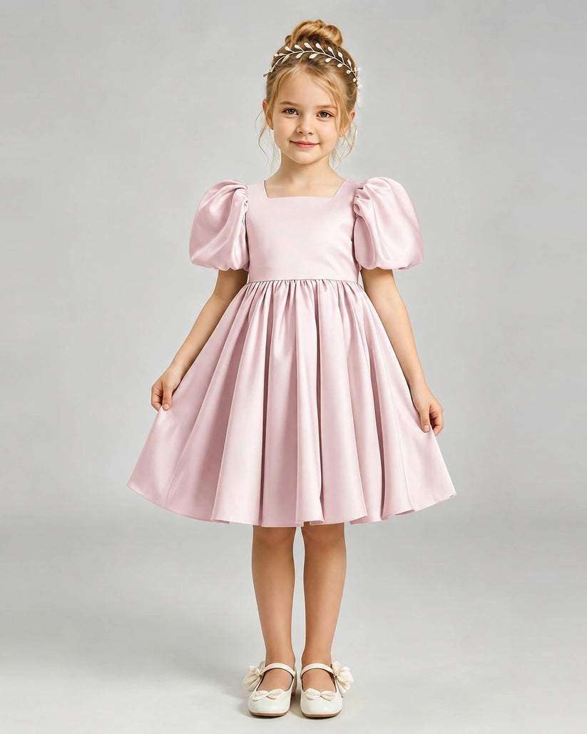 Blush Pink Satin A-line Flower Girl Dress Front View