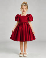 Burgundy Satin A-line Flower Girl Dress Front View