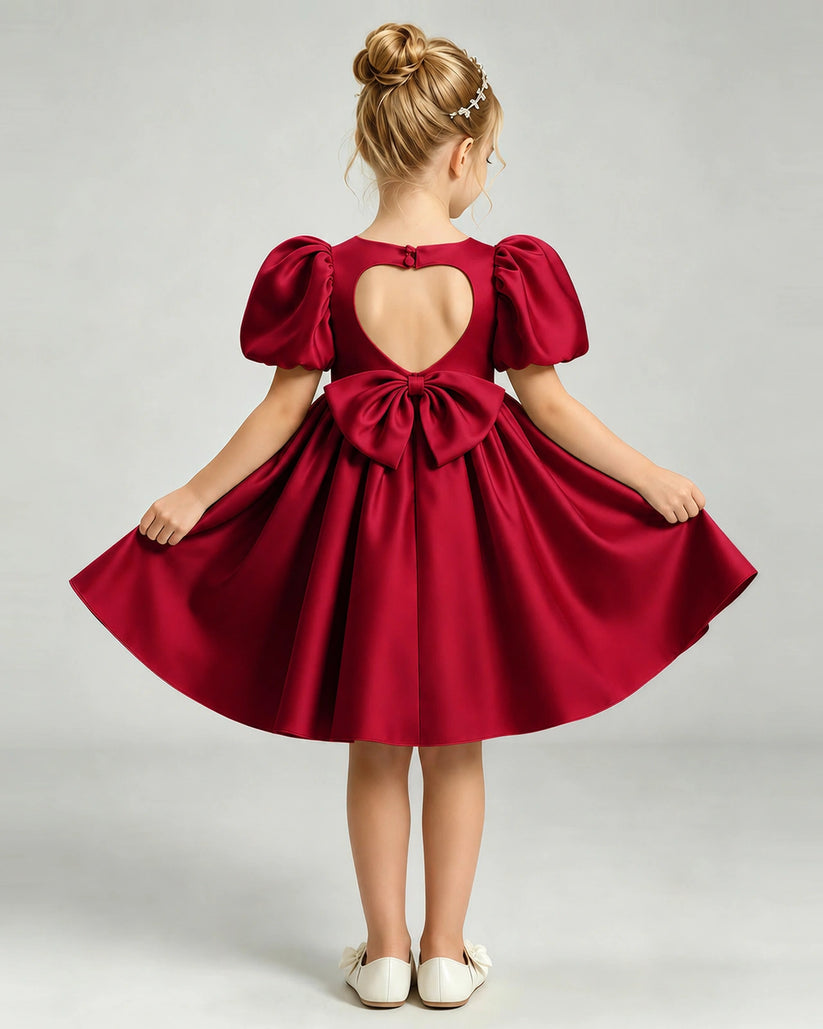 Burgundy Satin A-line Flower Girl Dress Back View