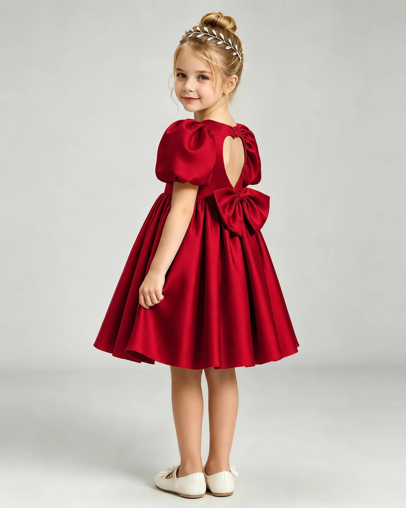 Burgundy Satin A-line Flower Girl Dress Back View