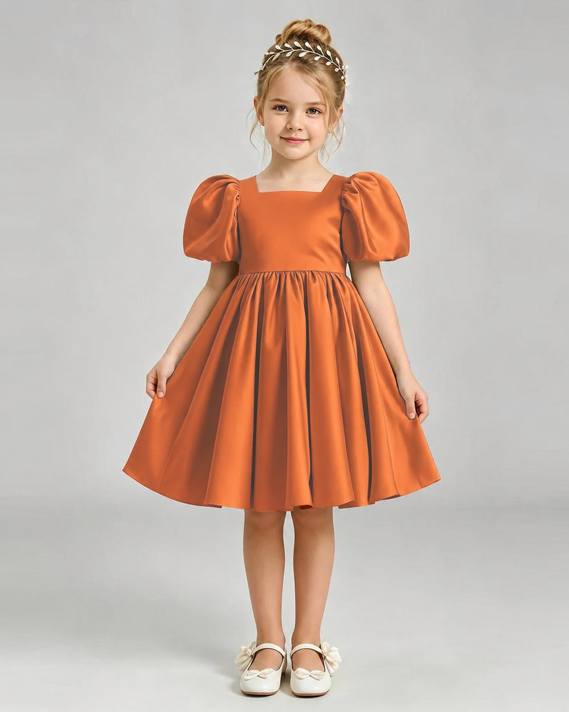 Burnt Orange Satin A-line Flower Girl Dress Front View
