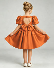 Burnt Orange Flower Girl Dress Puff Sleeve Heart Cutout Satin A-Line Knee-Length Gown Back Full View