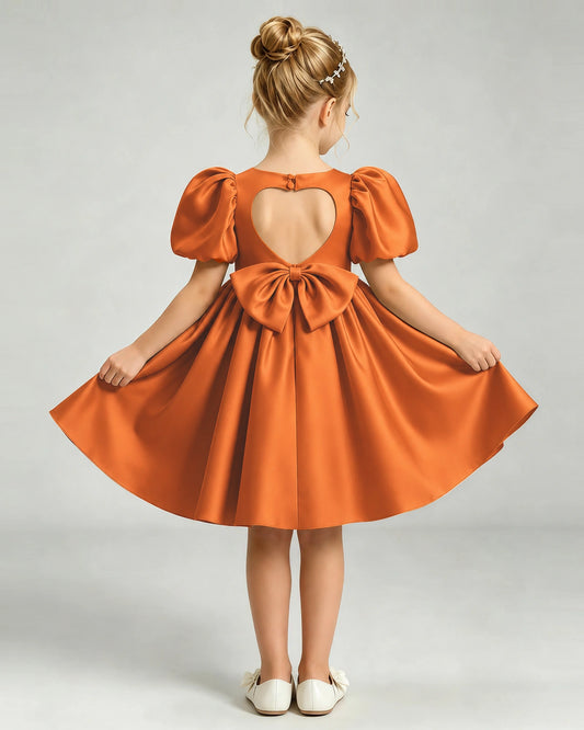 Burnt Orange Satin A-line Flower Girl Dress Back View