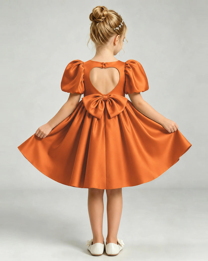 Burnt Orange Satin A-line Flower Girl Dress Back View