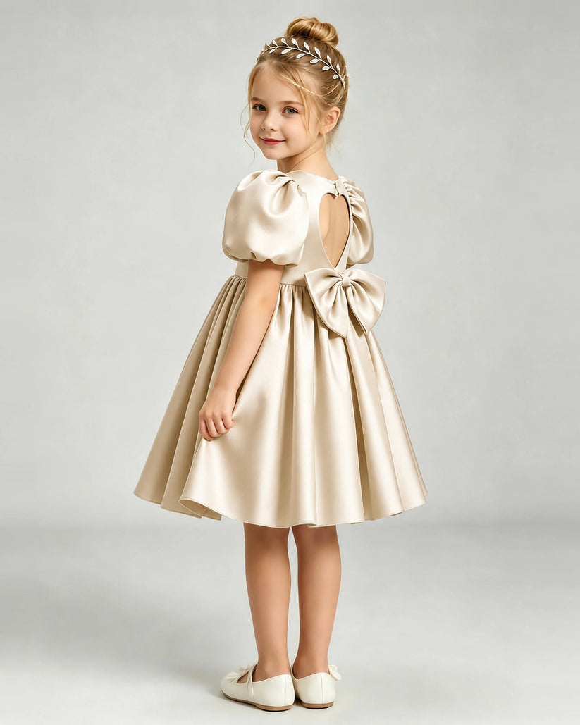Champagne Satin A-line Flower Girl Dress Back View