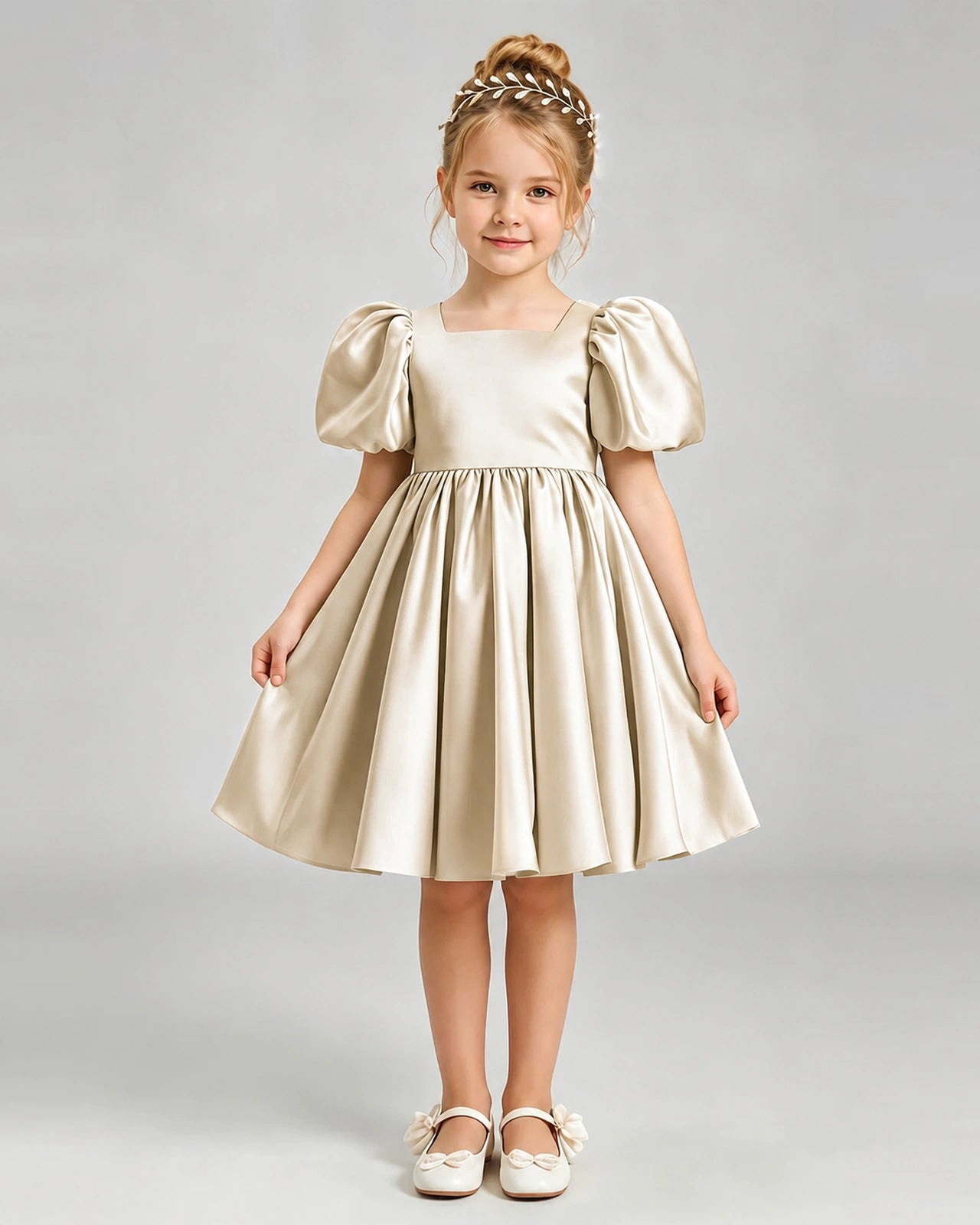 Champagne Flower Girl Dress Puff Sleeve Heart Cutout Satin A-Line Knee-Length Gown Front Full View