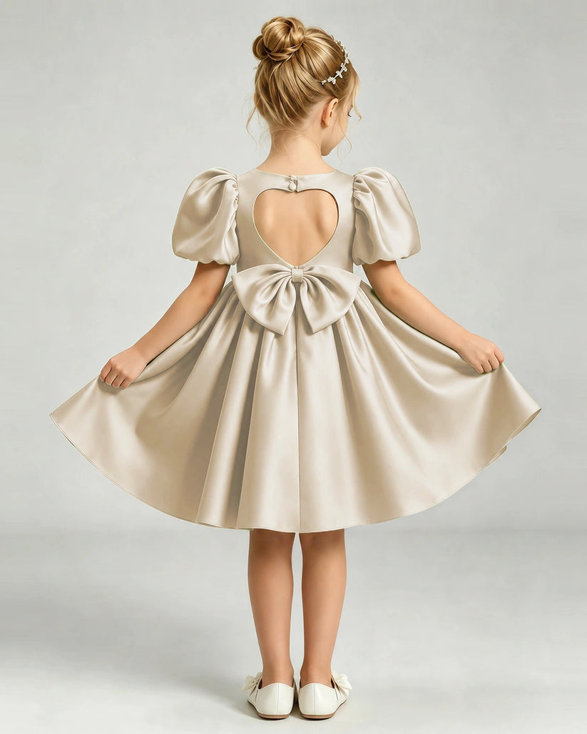 Champagne Satin A-line Flower Girl Dress Back View