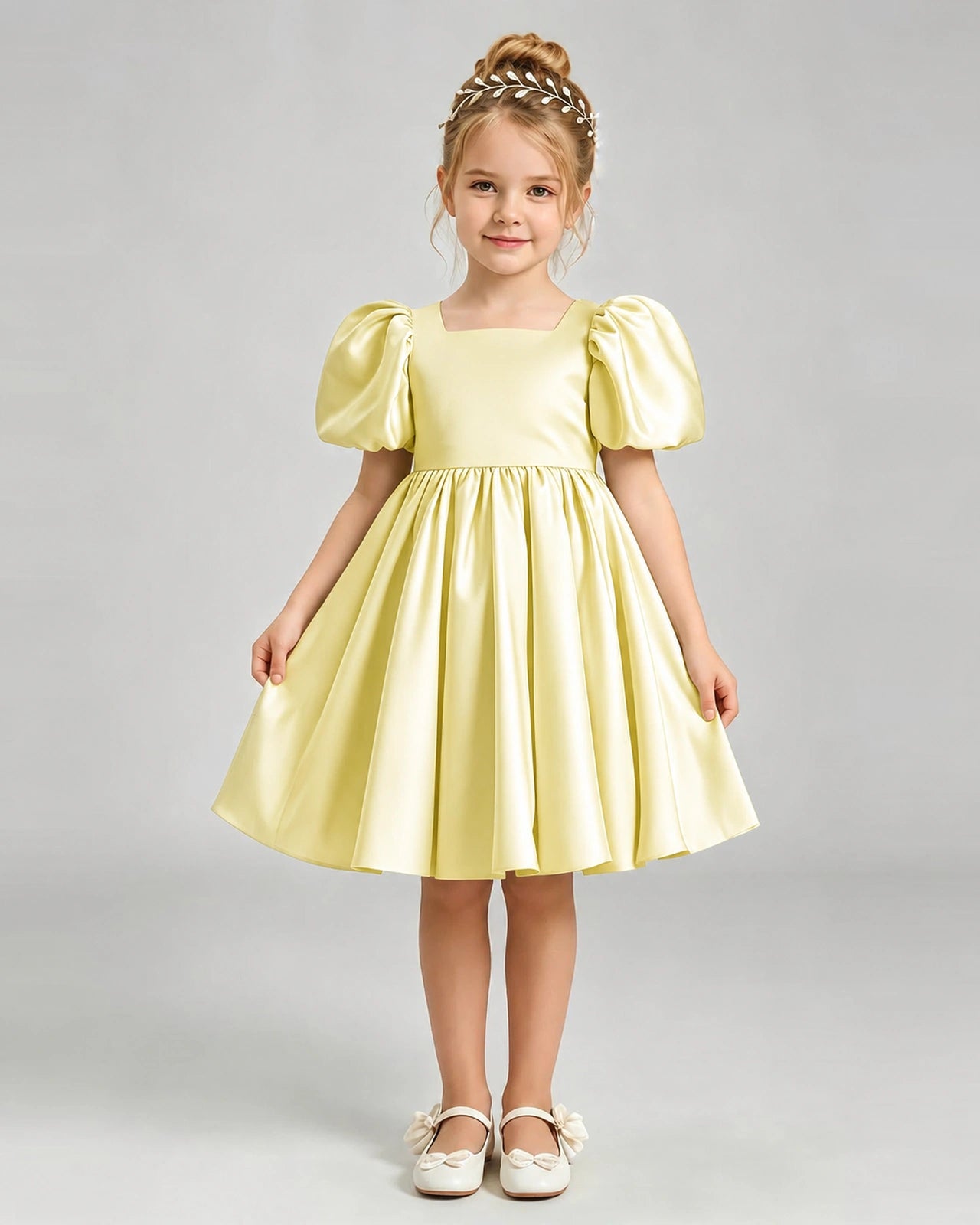 Daffodil Flower Girl Dress Puff Sleeve Heart Cutout Satin A-Line Knee-Length Gown Front Full View