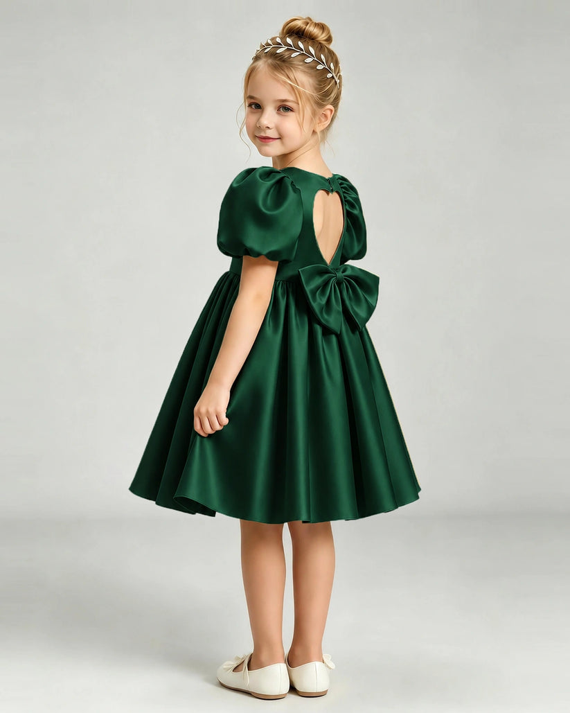 Dark Green Satin A-line Flower Girl Dress Back View