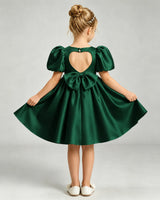 Dark Green Satin A-line Flower Girl Dress Back View