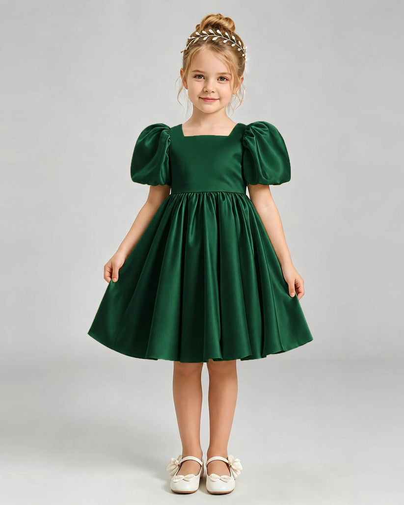 Dark Green Satin A-line Flower Girl Dress Front View