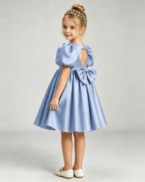 Dusty Blue Flower Girl Dress Puff Sleeve Heart Cutout Satin A-Line Knee-Length Gown Side Full View