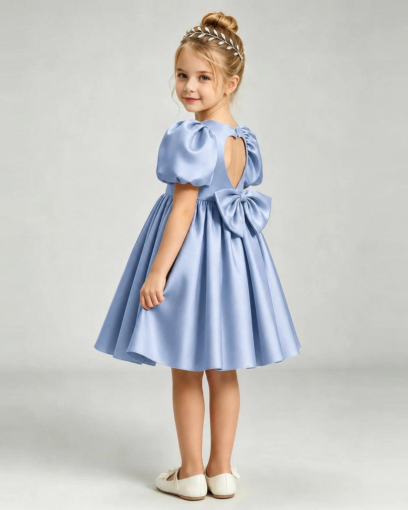 Dusty Blue Satin A-line Flower Girl Dress Back View