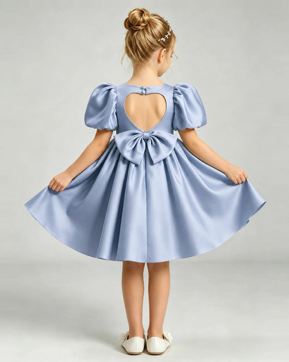 Dusty Blue Flower Girl Dress Puff Sleeve Heart Cutout Satin A-Line Knee-Length Gown Back Full View
