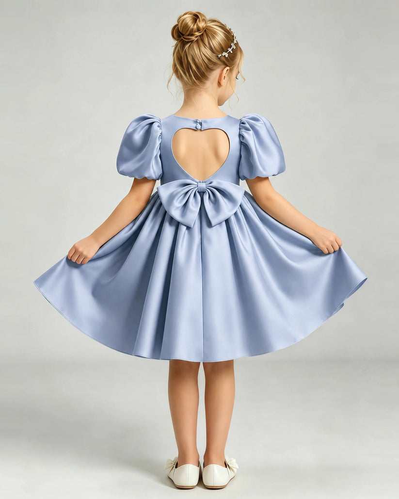 Dusty Blue Satin A-line Flower Girl Dress Back View