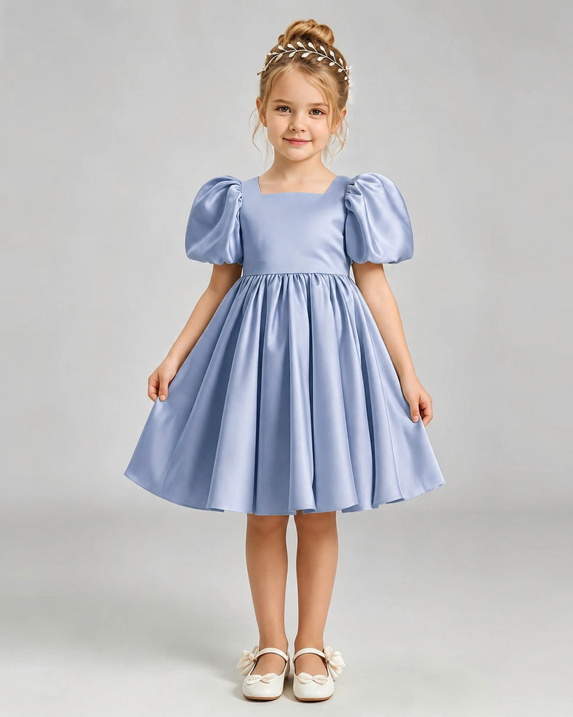 Dusty Blue Satin A-line Flower Girl Dress Front View