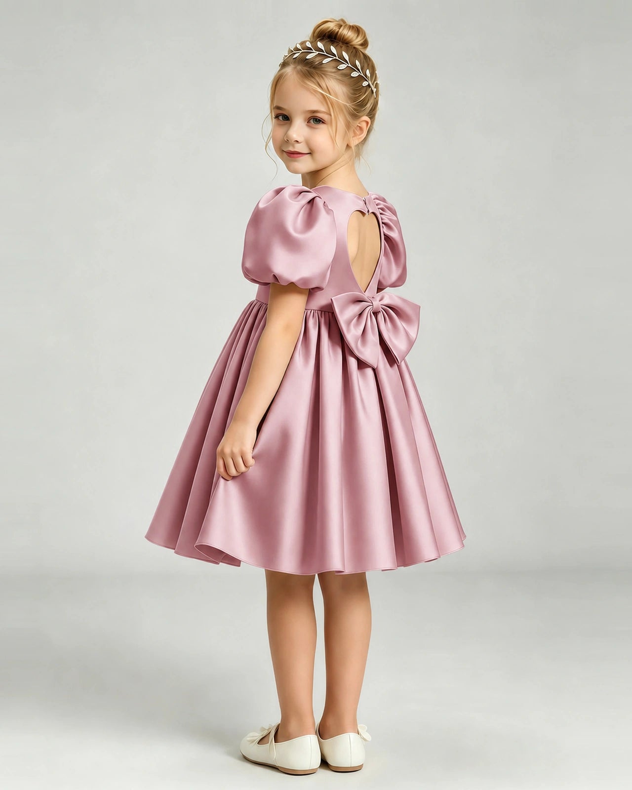 Dusty Rose Flower Girl Dress Puff Sleeve Heart Cutout Satin A-Line Knee-Length Gown Side Full View