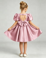 Dusty Rose Satin A-line Flower Girl Dress Back View