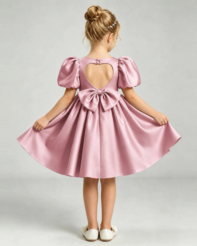 Dusty Rose Satin A-line Flower Girl Dress Back View