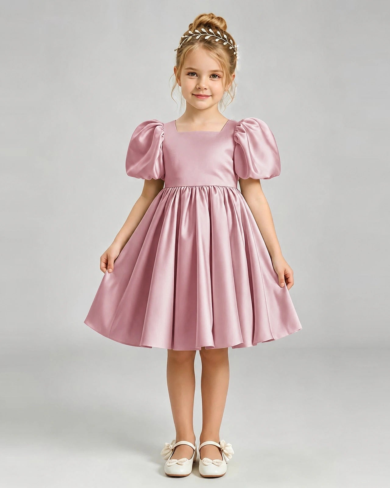 Dusty Rose Flower Girl Dress Puff Sleeve Heart Cutout Satin A-Line Knee-Length Gown Front Full View
