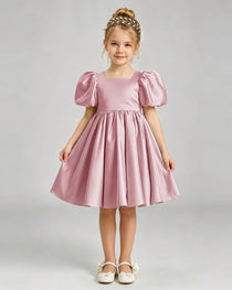 Dusty Rose Flower Girl Dress Puff Sleeve Heart Cutout Satin A-Line Knee-Length Gown Front Full View