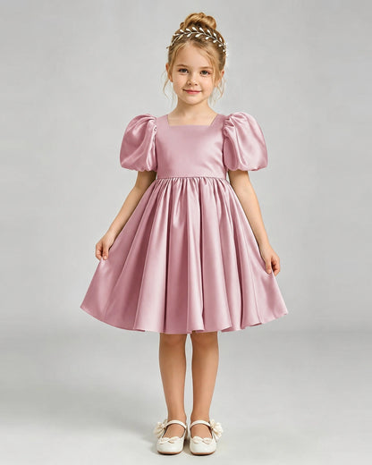 Dusty Rose Flower Girl Dress Puff Sleeve Heart Cutout Satin A-Line Knee-Length Gown Front Full View