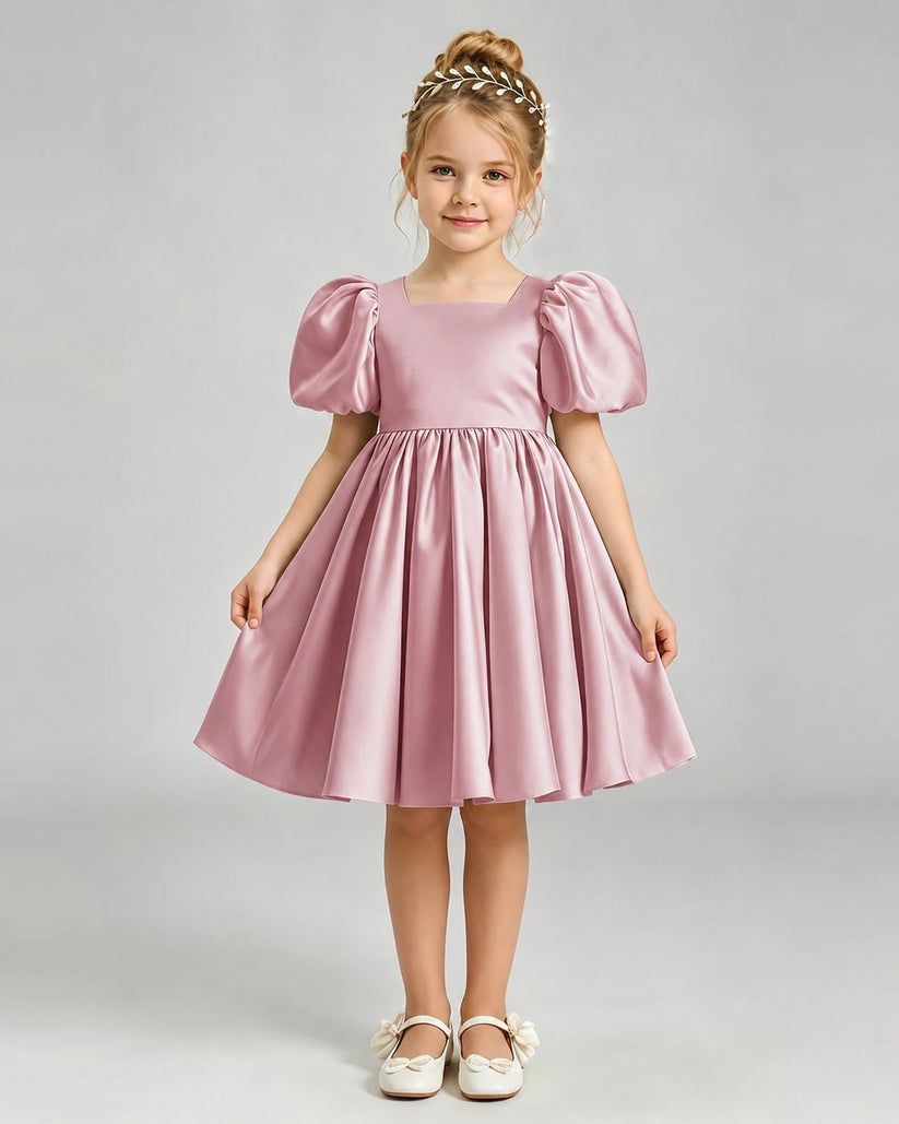 Dusty Rose Satin A-line Flower Girl Dress Front View