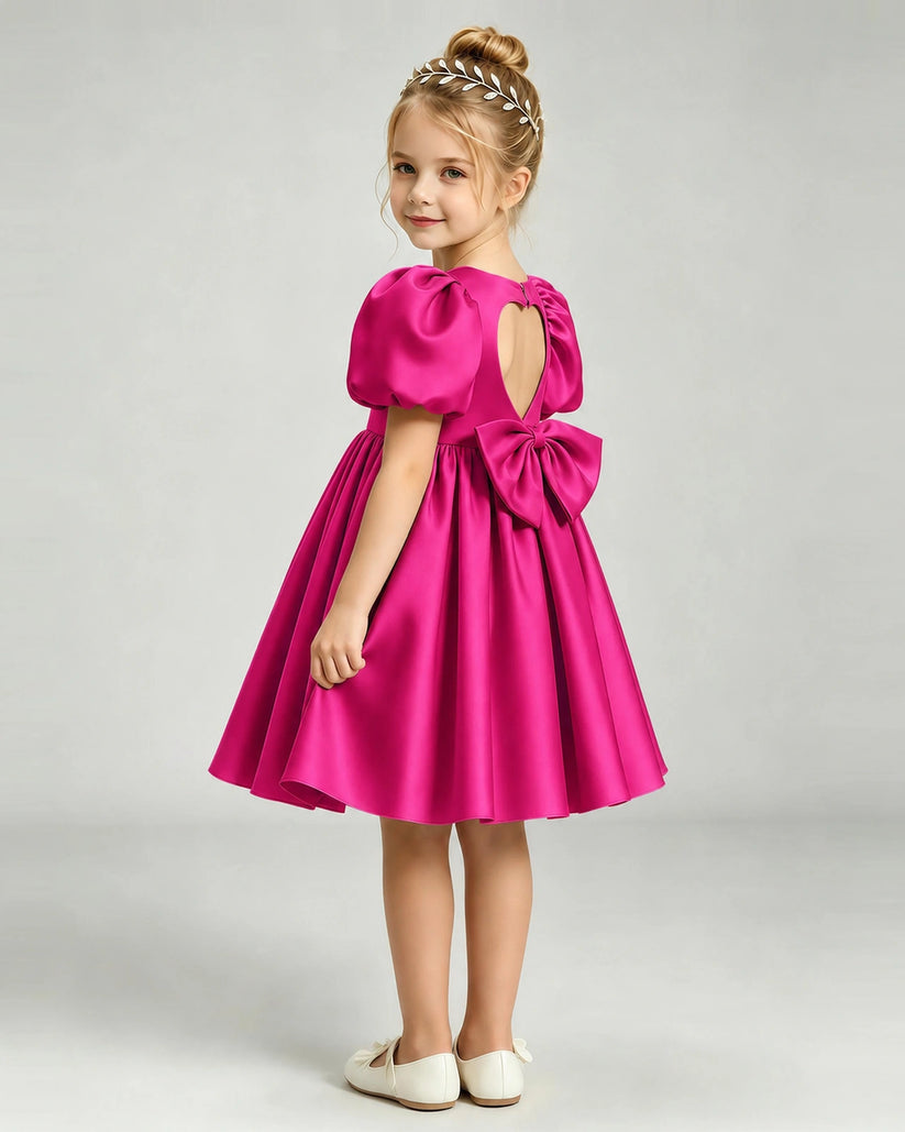 Hot Pink Satin A-line Flower Girl Dress Back View